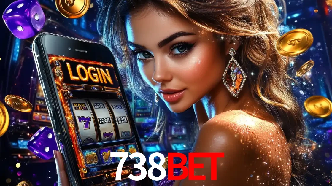 Mulher glamorosa segurando um smartphone com a tela de login para os jogos de caça-níqueis do cassino online 738bet, com moedas de ouro e dados ao redor.
