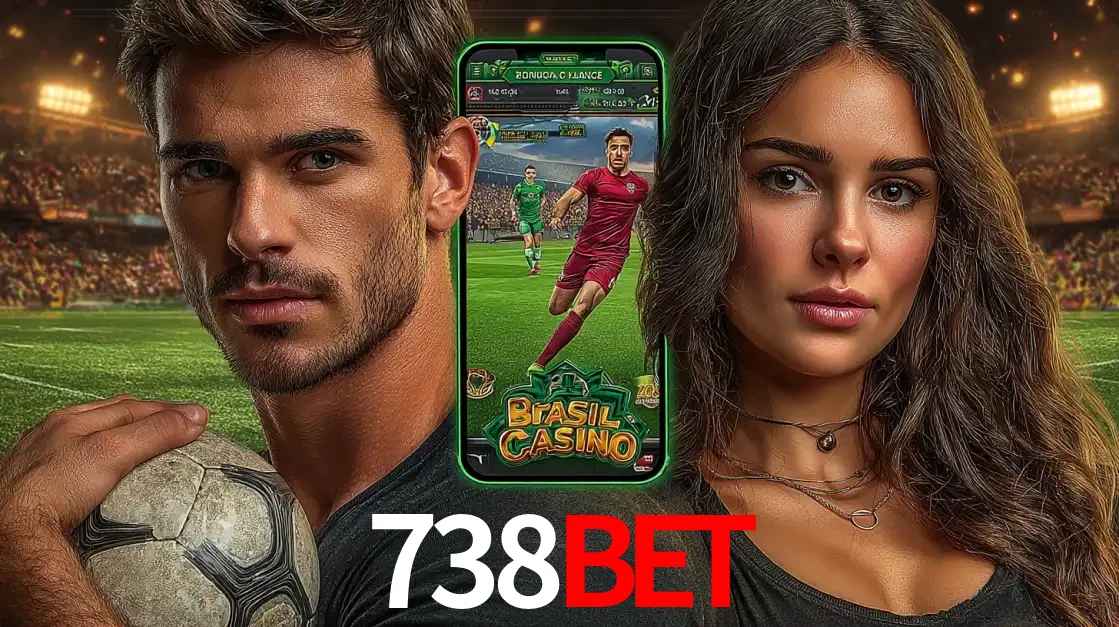 Homem segurando uma bola de futebol e uma mulher ao lado de um smartphone exibindo o jogo de apostas esportivas da 738bet. Faça seu palpite no cassino online.